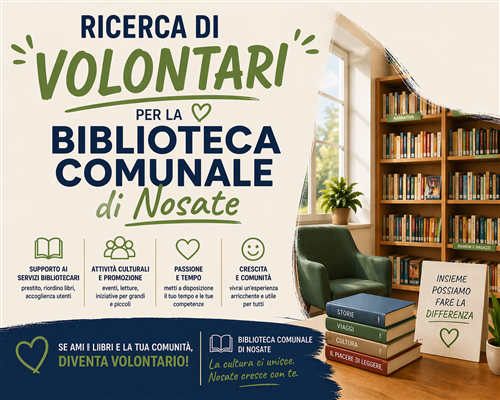 Avviso pubblico per il reperimento  di  VOLONTARI per la prossima apertura della  BIBLIOTECA COMUNALE